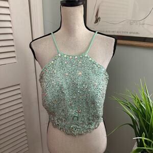 Decode 1.8 Halter Top 12 Mint Green Sequin Beaded Corset Glam Coquette Club